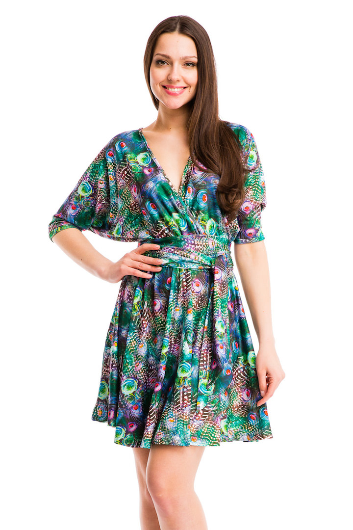 Фото товара 7015, зеленое платье на лето с принтом перо павлина